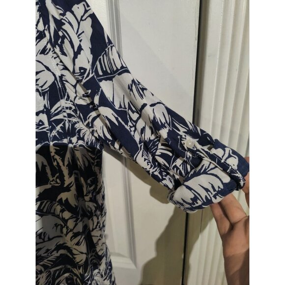 H&M LOGG Navy Blue White Tropical Leaf Print Button Up Shirt Dress Roll-Tab 6 - Picture 6 of 7